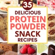 a collection of protein powder snacks with text overlay.