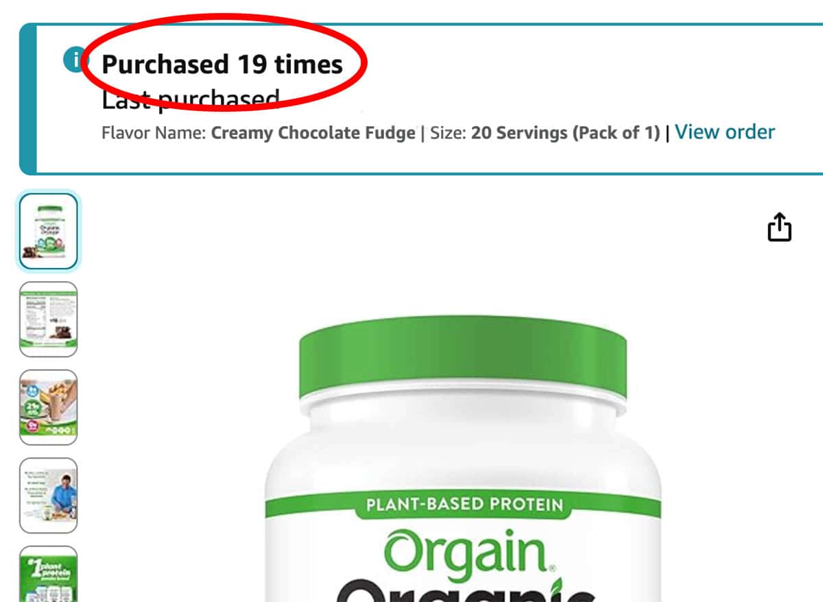 screenshot showing 19 purchases of this protein powder.