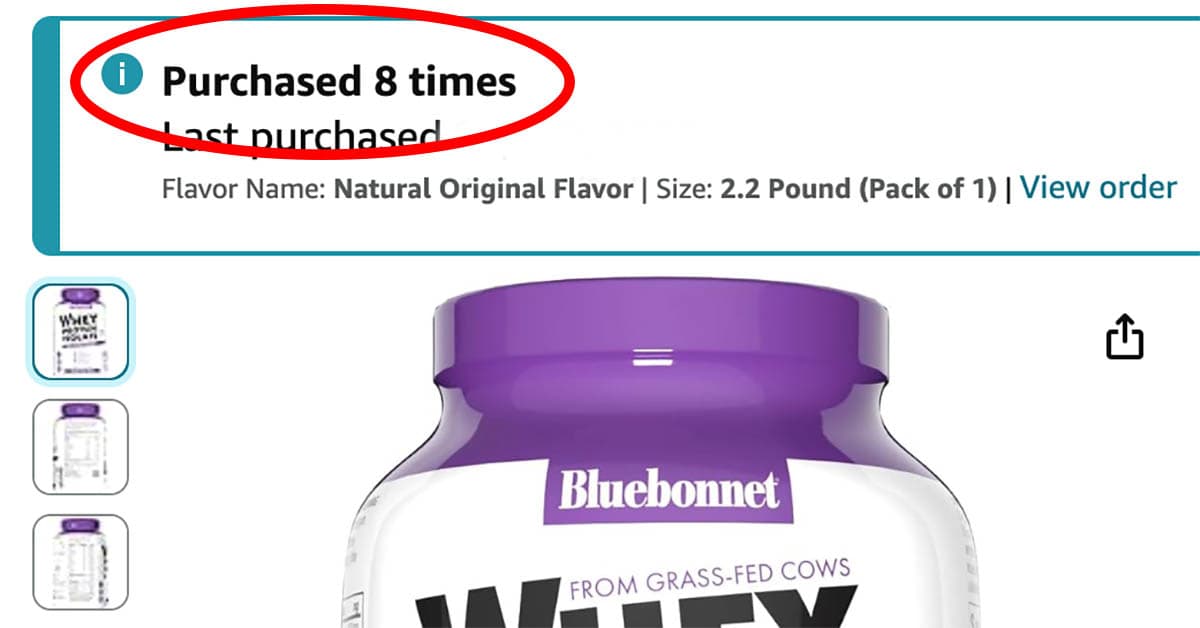 screenshot showing 8 purchases of this protein powder.