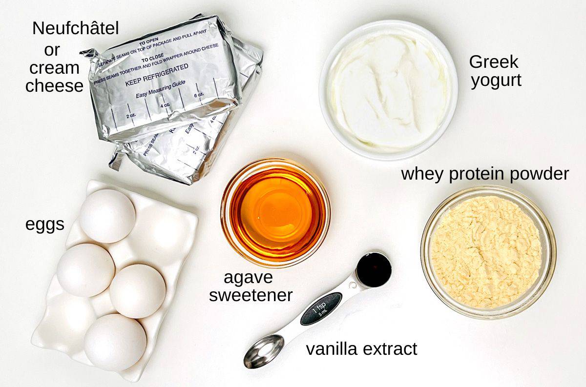 labeled photo of ingredients for protein cheesecake.