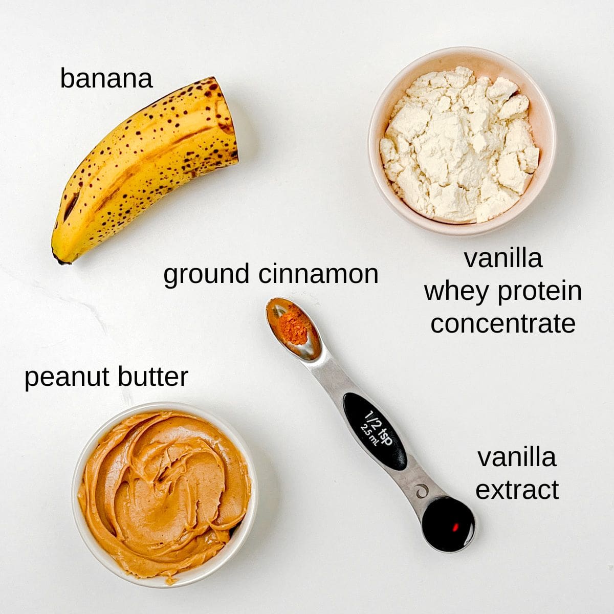labeled ingredients for banana peanut butter protein cookies.