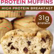 inside view of a chocolate chip protein muffin with text overlay.
