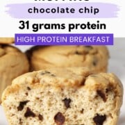 inside view of a chocolate chip protein muffin with text overlay.