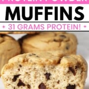 inside view of a chocolate chip protein muffin with text overlay.