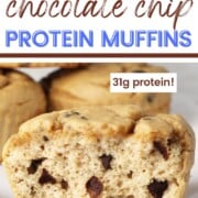 inside view of a chocolate chip protein muffin with text overlay.