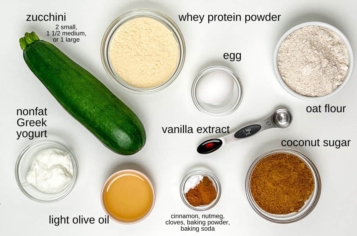 layout of ingredients for protein zucchini bread, labeled.