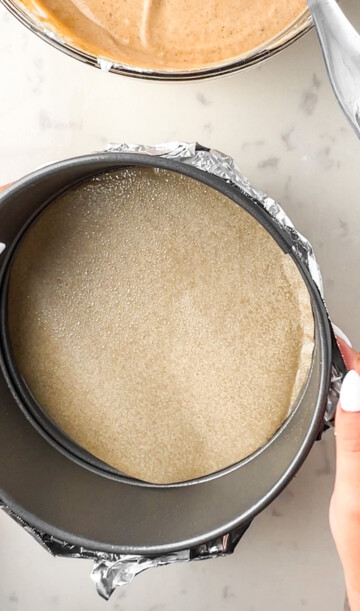 springform pan with parchment and non-stick cooking spray inside and aluminum foil outside.