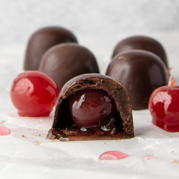 sugar free cherry cordial chocolates with natural maraschino cherries.