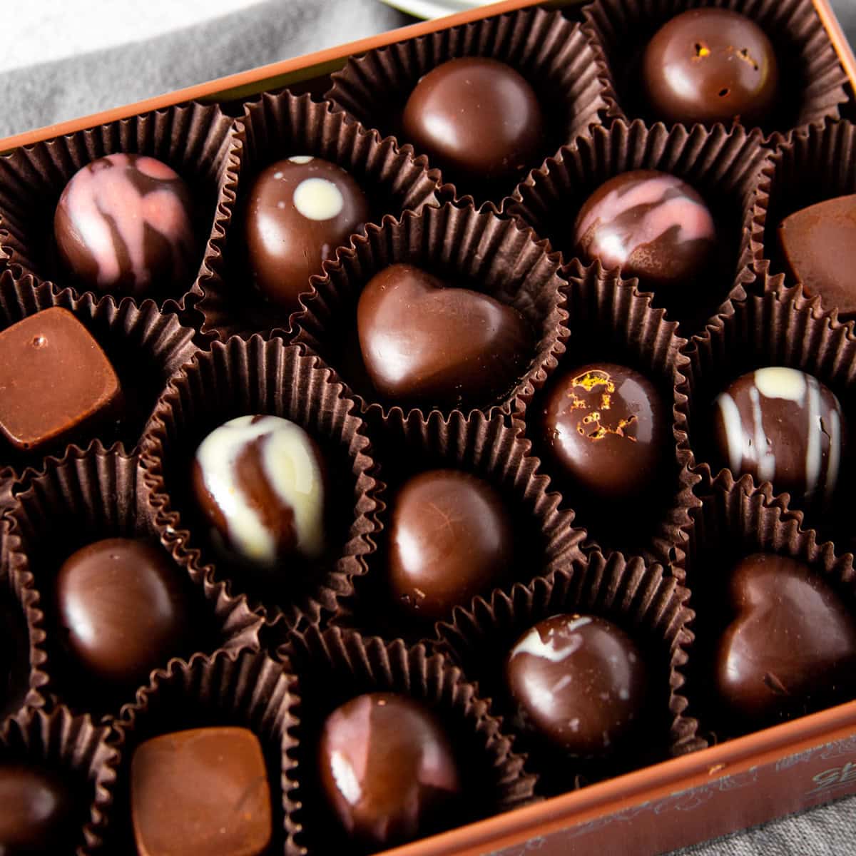 a closeup photo of sugar free high protein chocolates in a tin.