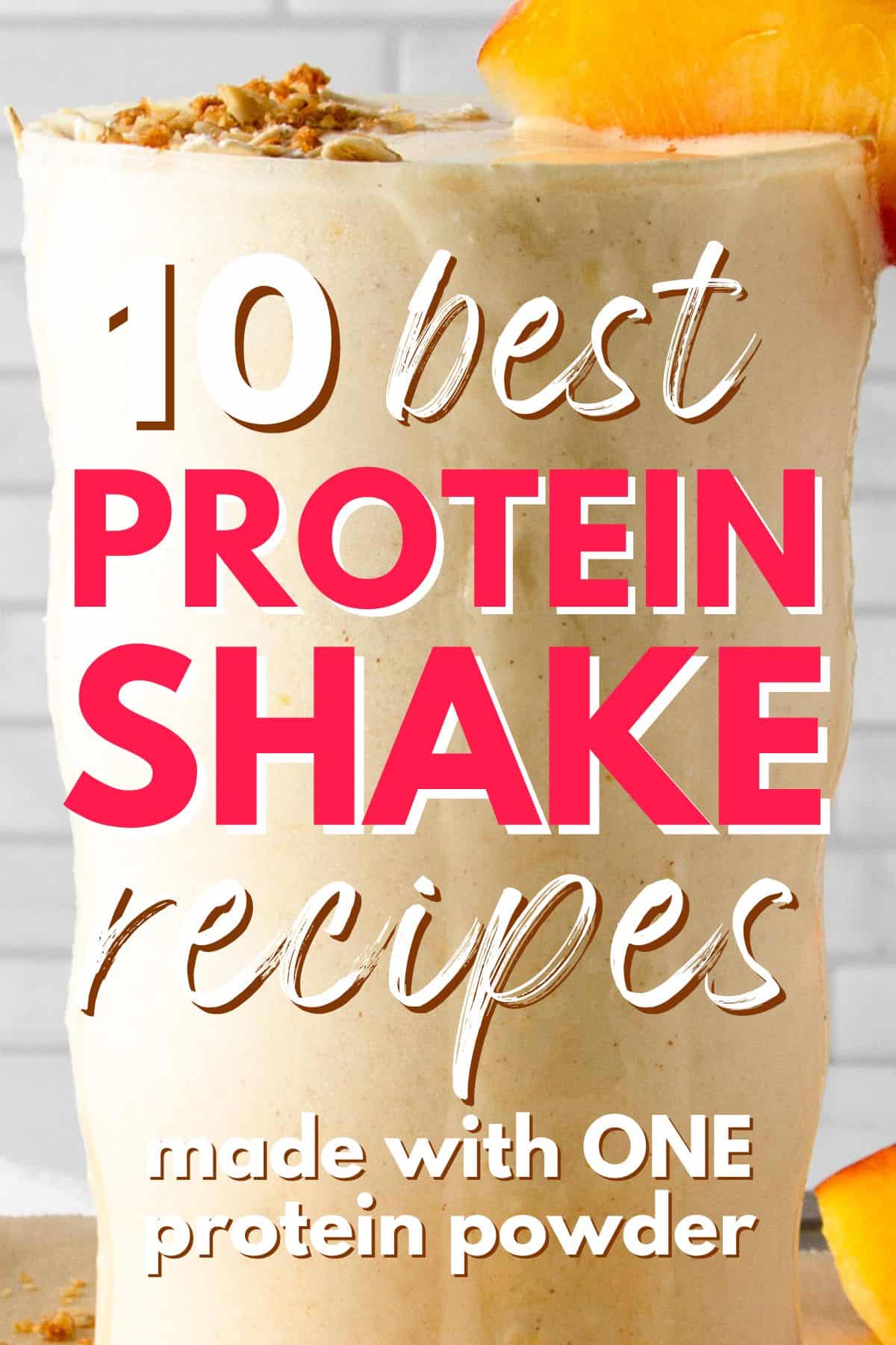 peach cobbler protein shake with text overlay.