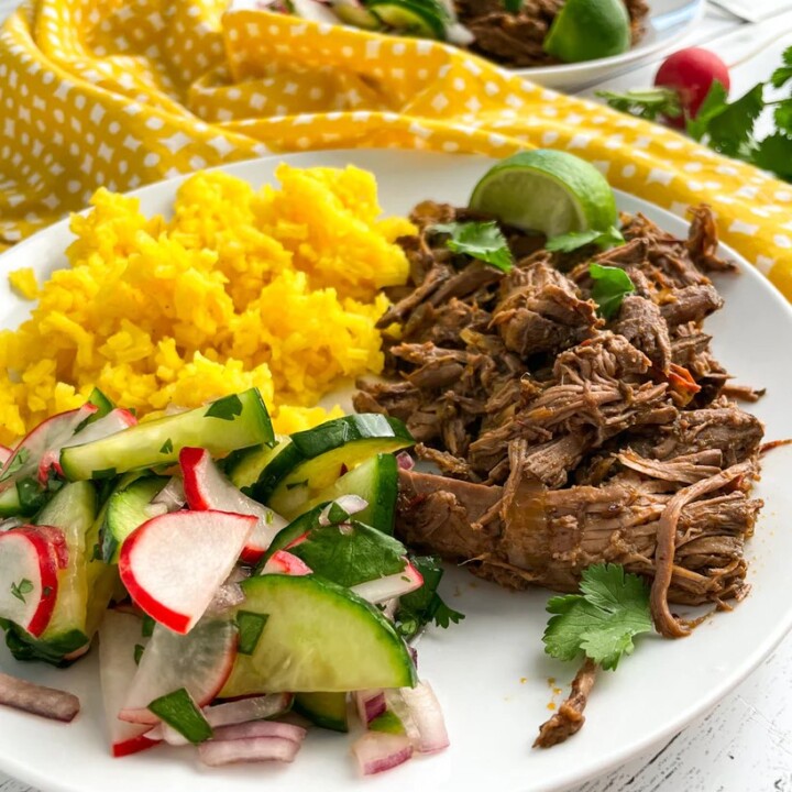 plate with beef barbacoa with cucumber salad and saffron rice.