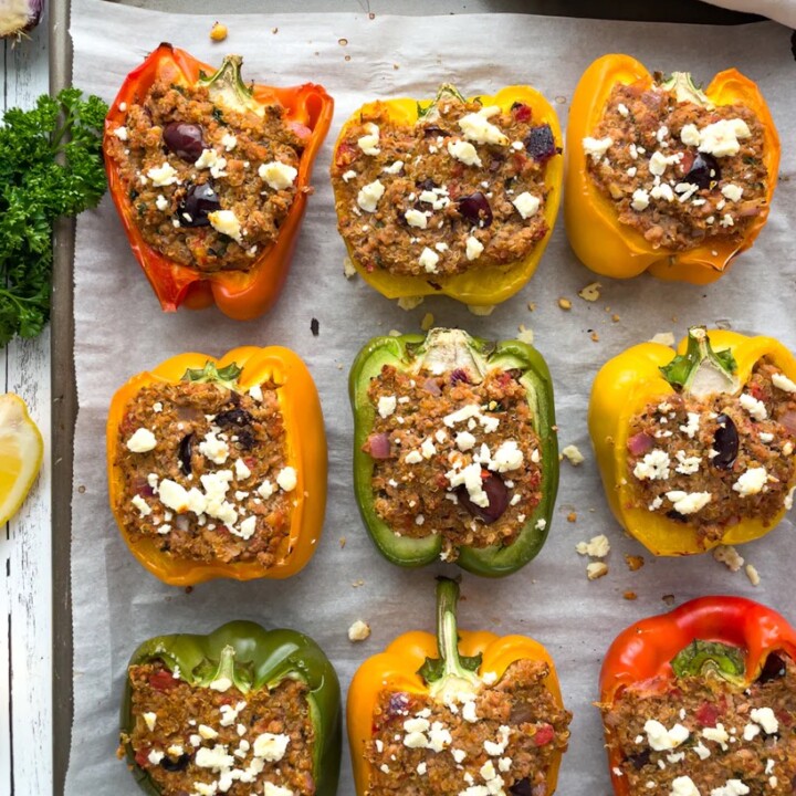 baking tray with stuffed peppers.