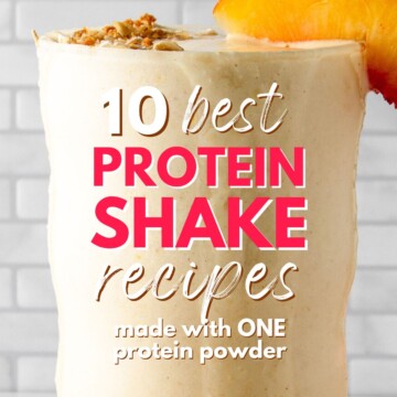 peach cobbler protein shake with text overlay.