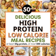 collage of high protein low calorie meals with text overlay.
