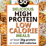 collage of high protein low calorie meals with text overlay.