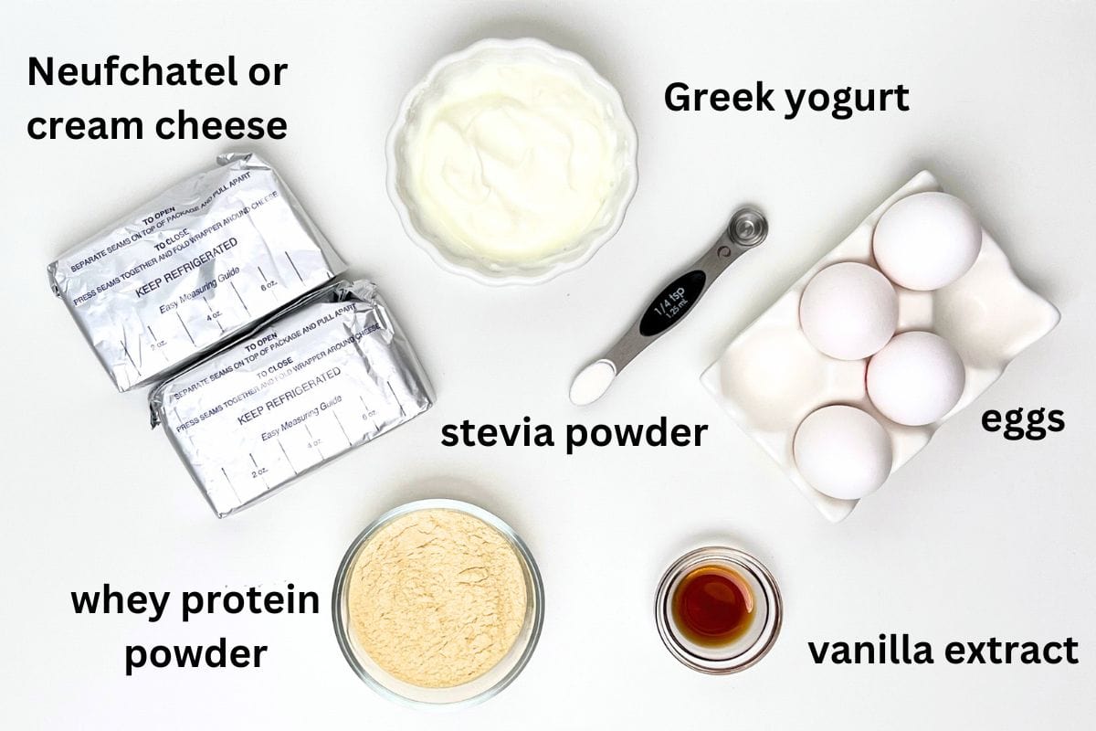 labeled ingredient photo for mini protein cheesecakes.