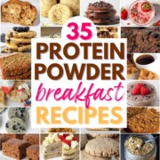 collage of protein powder breakfast recipes with text overlay.