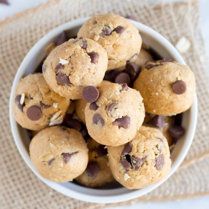 bowl of cashew butter cookie dough protein balls.