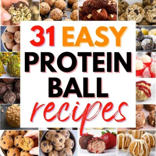 collage of protein balls with text overlay.