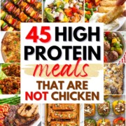 collage of high protein meals (none of which are chicken) with text overlay.