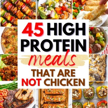 collage of high protein meals (none of which are chicken) with text overlay.