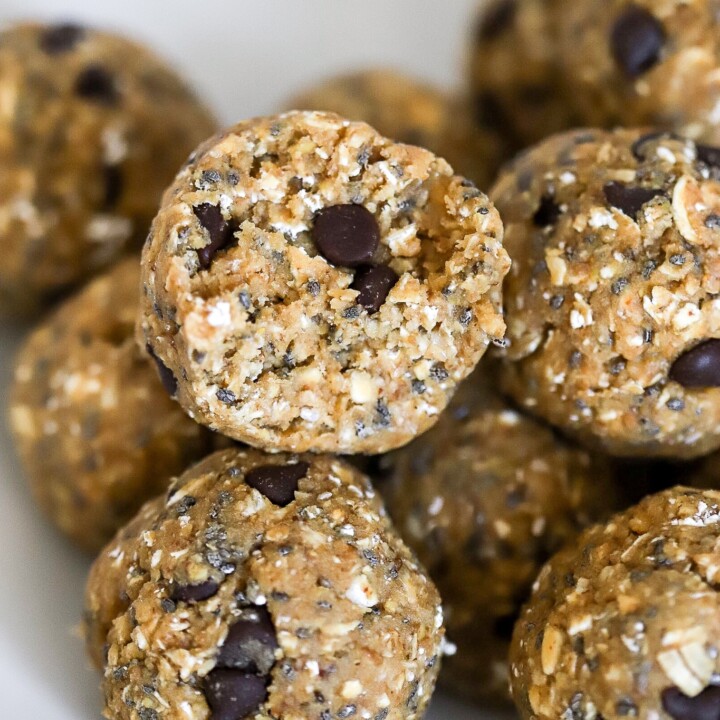 protein balls with nut butter, nuts, seeds, and mini chocolate chips.