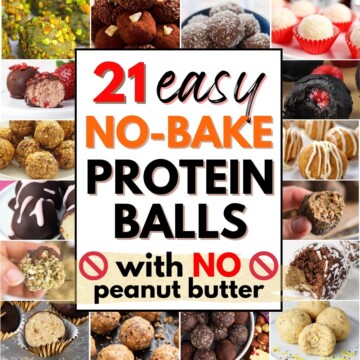 collage of no-bake protein balls without peanut butter, with text overlay.