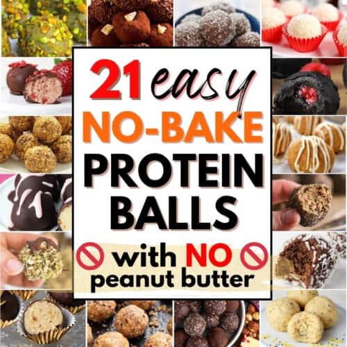 collage of no-bake protein balls without peanut butter, with text overlay.
