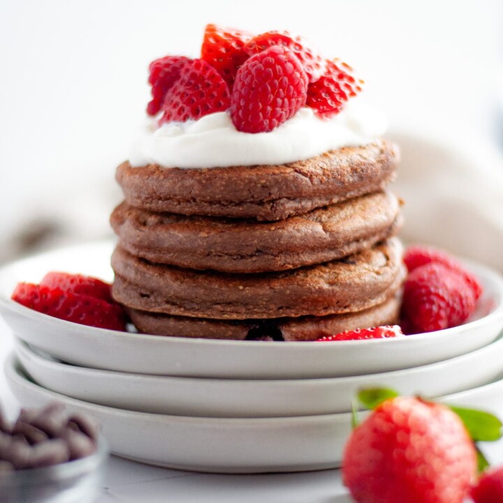chocolate protein pancakes with strawberries.