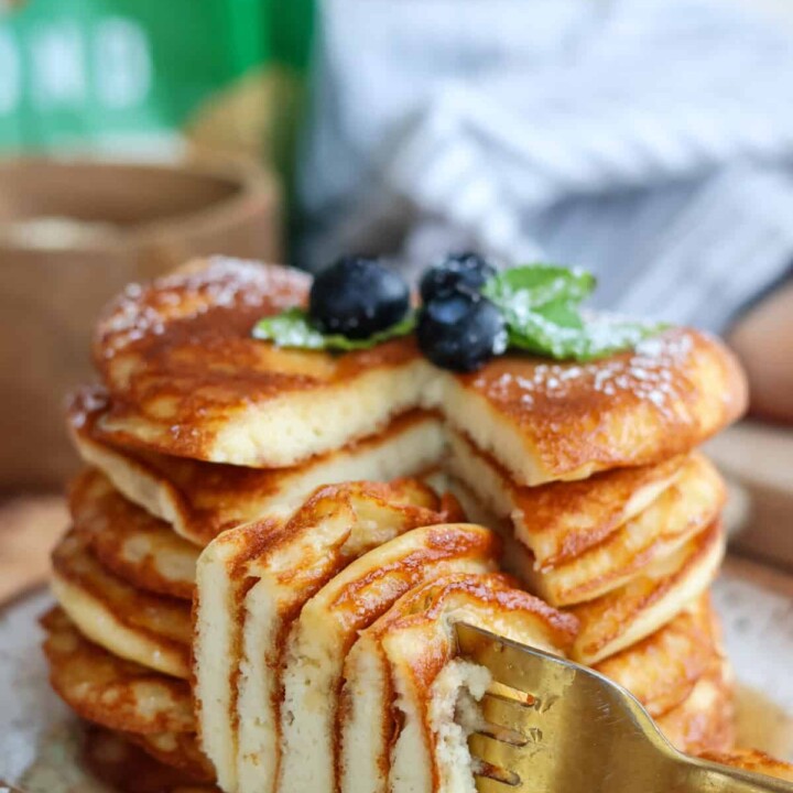 cut stack of protein pancakes.