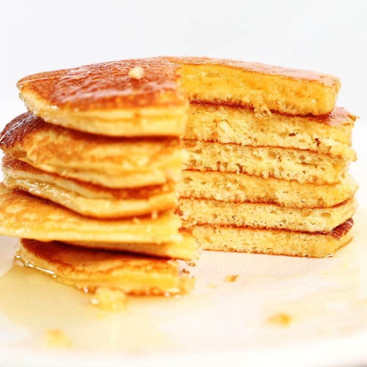 stack of keto protein pancakes with syrup.