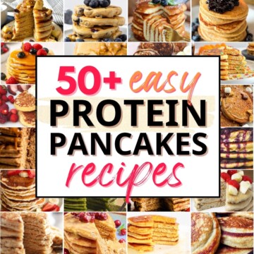 collage of protein pancake photos with text overlay.