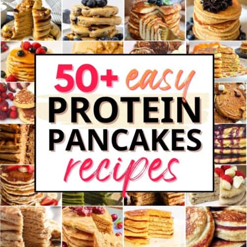 collage of protein pancake photos with text overlay.