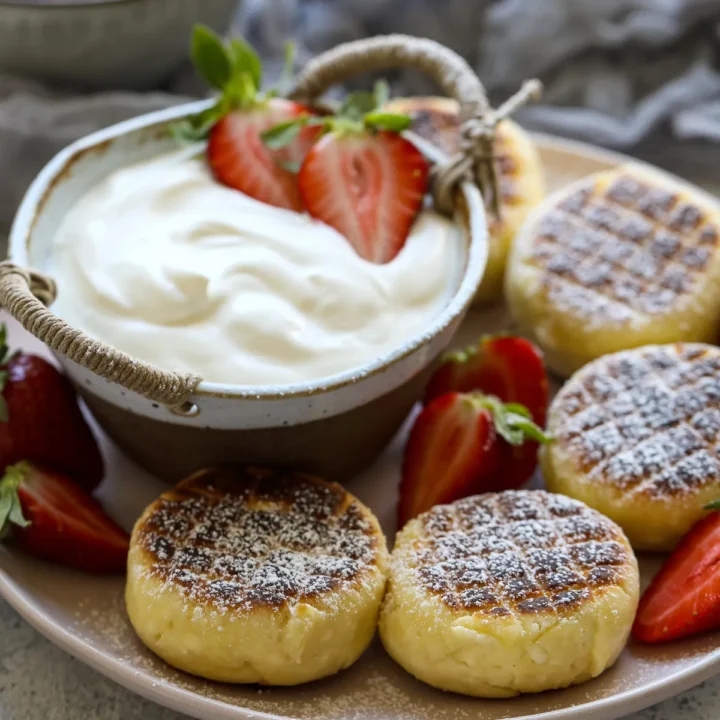 Syrniki plated with yogurt and strawberries.