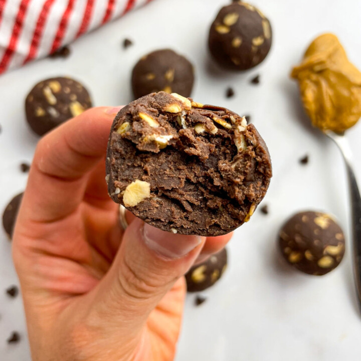 hand holding a chocolate peanut protein ball.