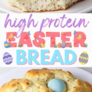 image of high protein easter bread (sweet bread with colored hard boiled eggs baked into it).