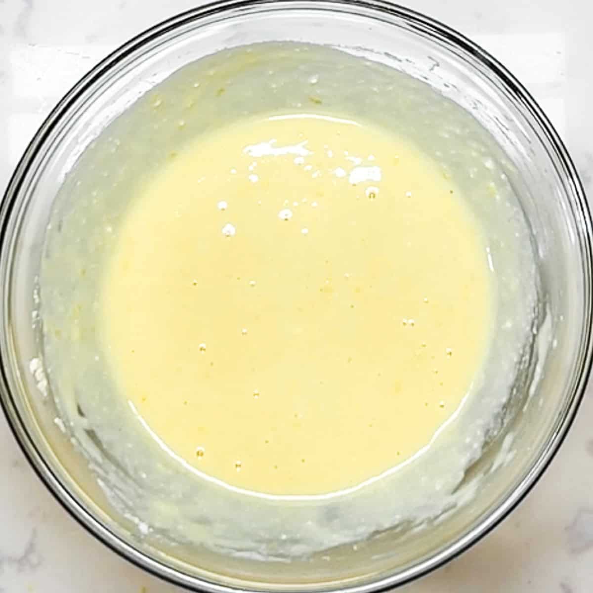 lemon ricotta protein pancake batter ready for the griddle.