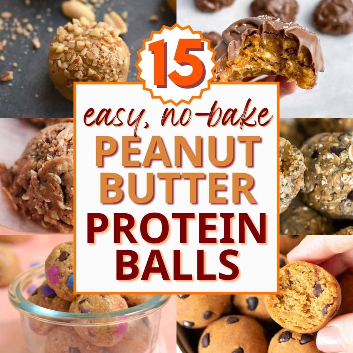 collage of peanut butter protein ball recipe images with text overlay.