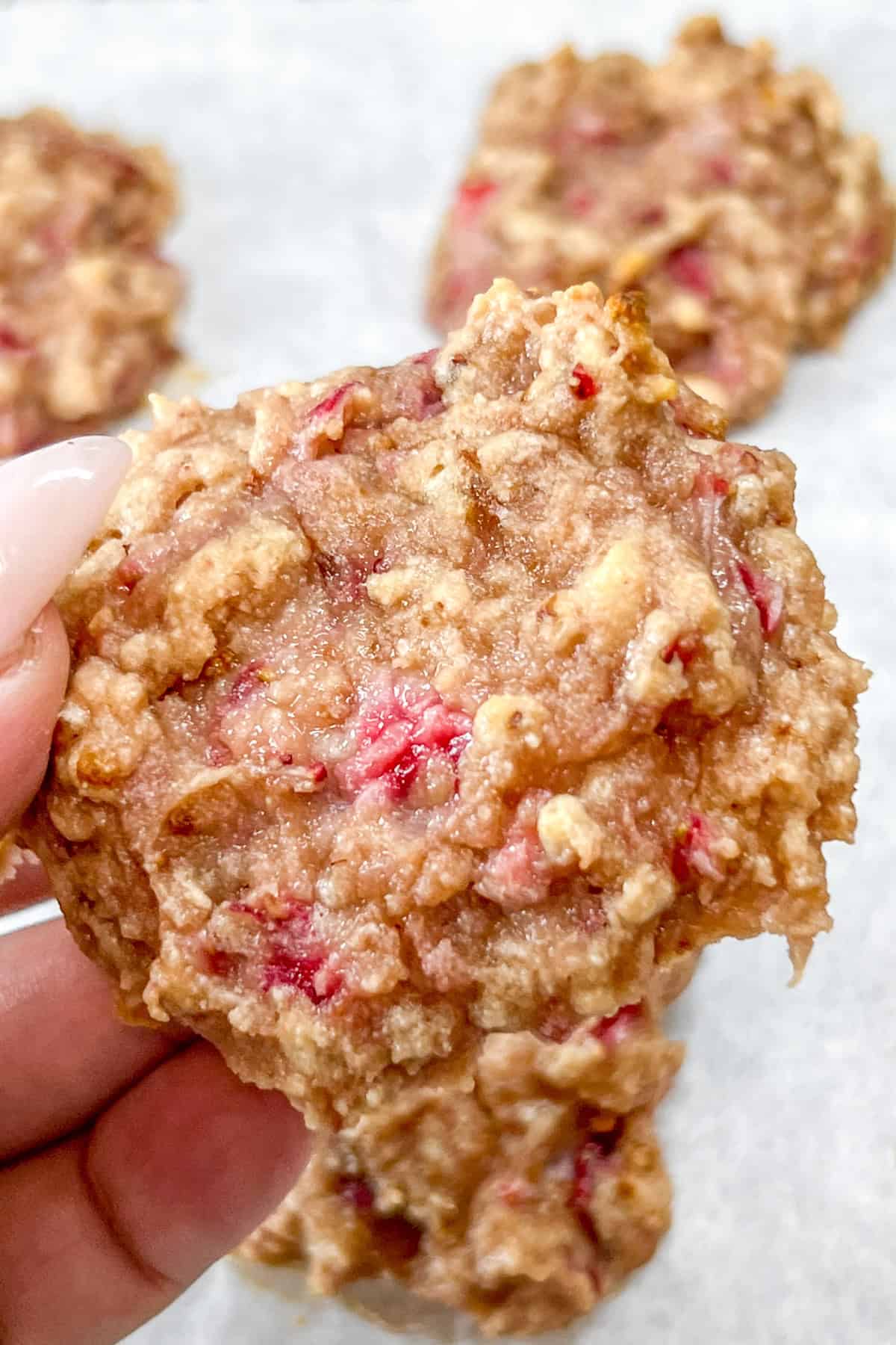 close up of a strawberry protein cookie in a hand.