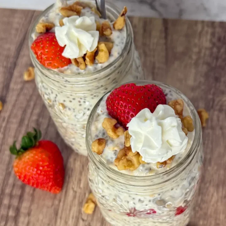 2 jars of strawberry cheesecake overnight protein oats with walnuts.