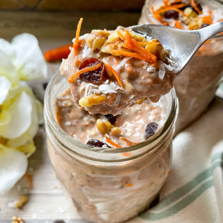 2 jars of carrot cake protein overnight oats with raisins and walnuts.