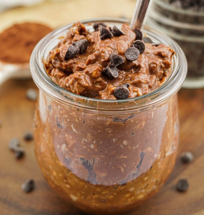 chocolate overnight protein oats with chocolate chips.