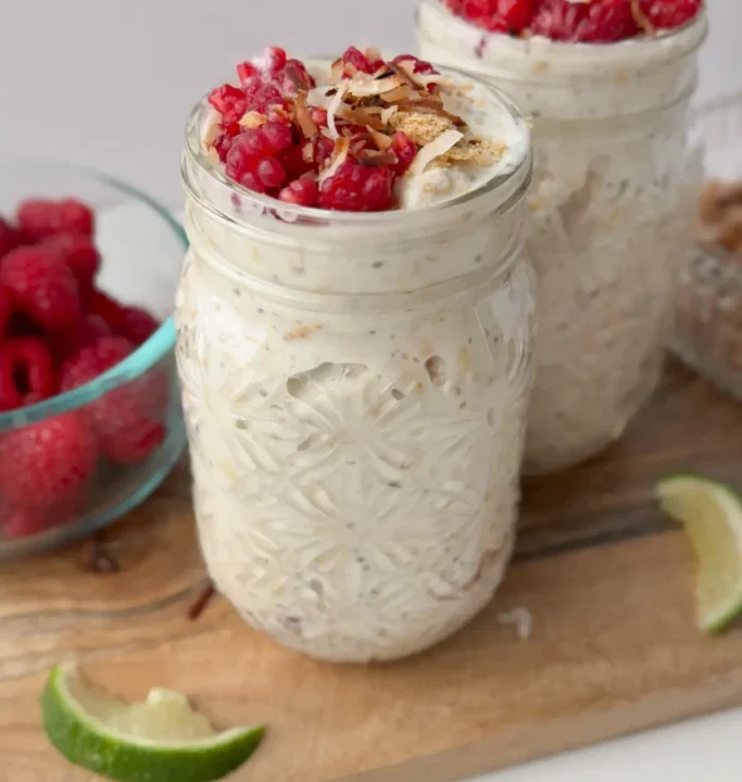 2 jars of overnight protein oats with raspberries.