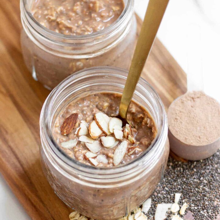 two servings of overnight protein oats in jars.