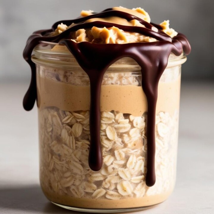 peanut butter overnight protein oats topped with melted chocolate (AI image)