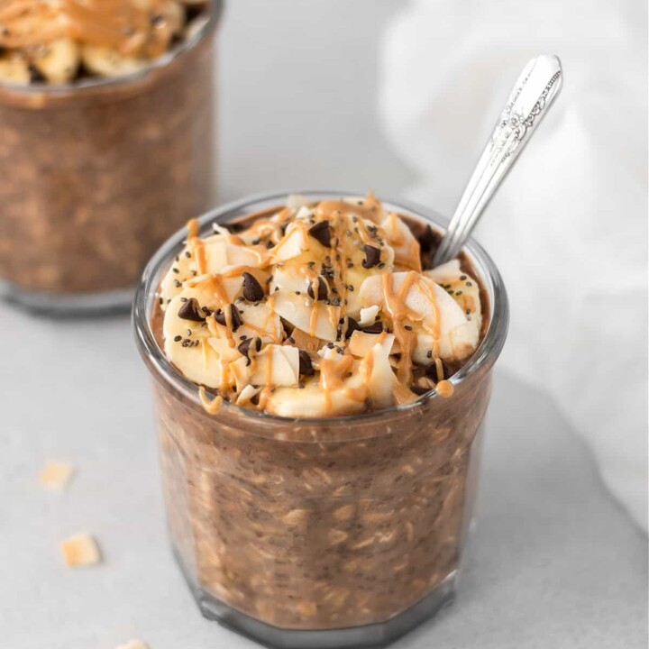 two jars of chocolate peanut butter overnight protein oats.