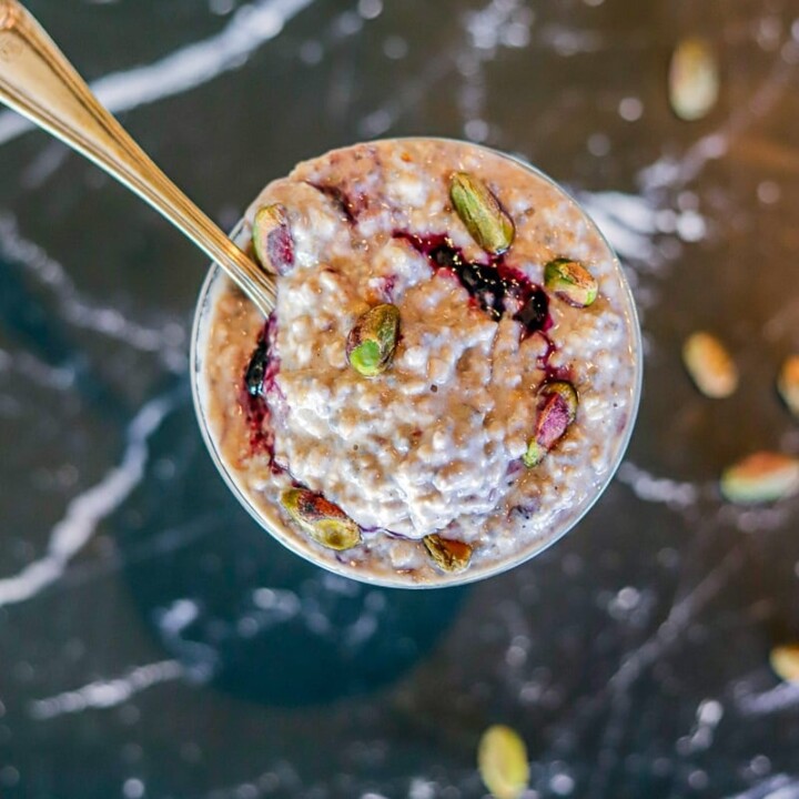overnight protein oats with raspberry and pistachio.