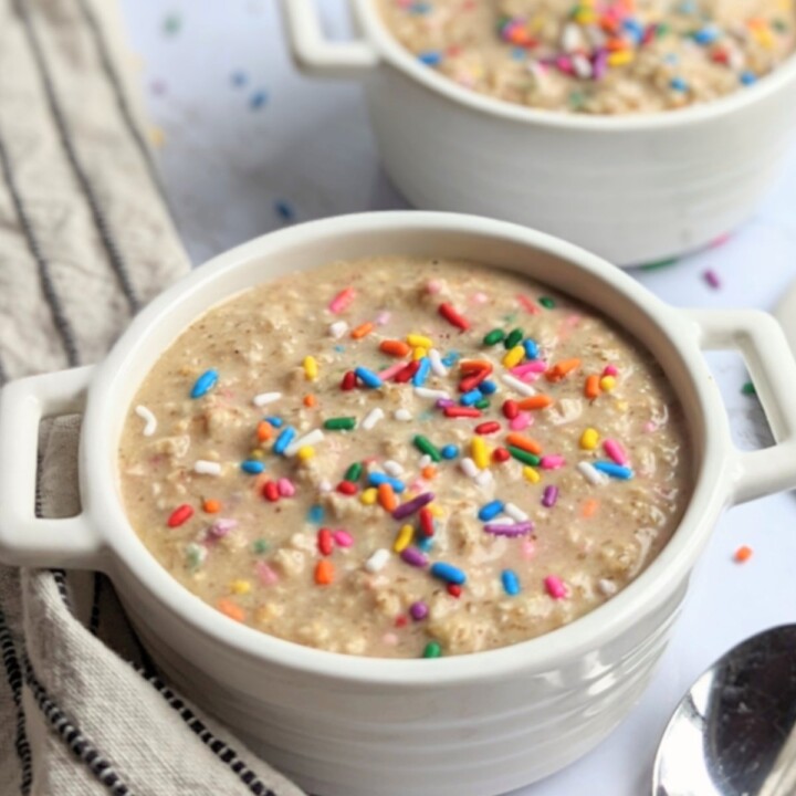 2 bowls of overnight protein oats with sprinkles.