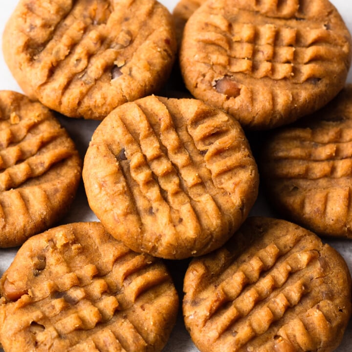 top view of a pile of protein peanut butter cookies.
