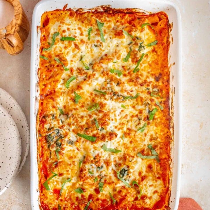 overhead view of baked pasta dish.